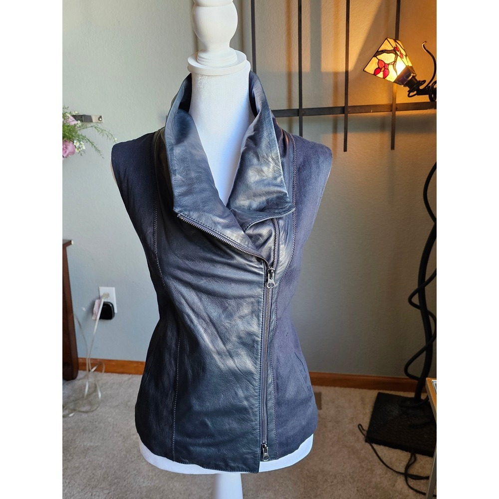 Vince Leather Linen Asymmetrical Moto Vest Black Womens S Designer Biker V1781